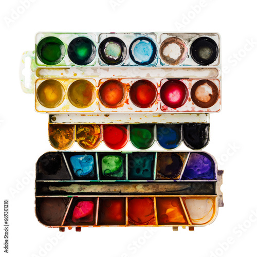 Artistic palette of watercolor paints for learning to draw with artistic skills