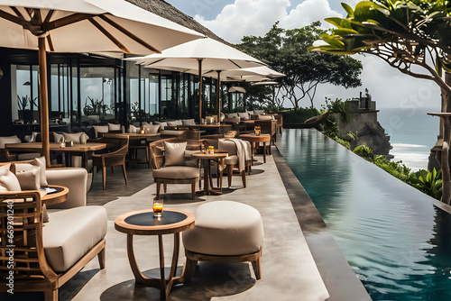 Luxury cafe restaurant with swimming pool located in Uluwatu  Bali. Stylish gentle calming outdoor view