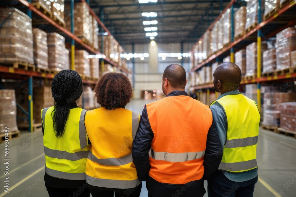 Employees in a huddle during a warehouse team meeting Employees in a huddle during a warehouse team meeting