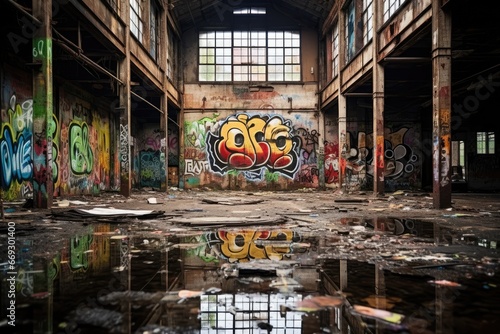 Abandoned warehouse with broken windows and graffiti