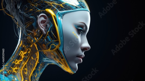 AI Artificial Intelligence concept. Woman robot face with brain of digital technology for deep learning, Machine learning and Singularity.