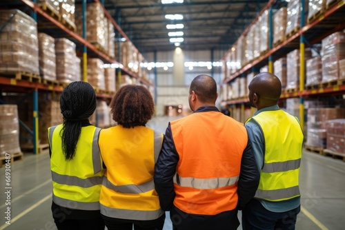 Employees in a huddle during a warehouse team meeting