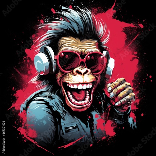 Punk smiling dancing t shirt cartoon monkey illustration picture AI generated art