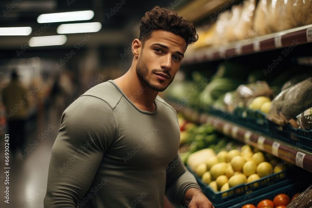 Latin male model doing grocery shopping.