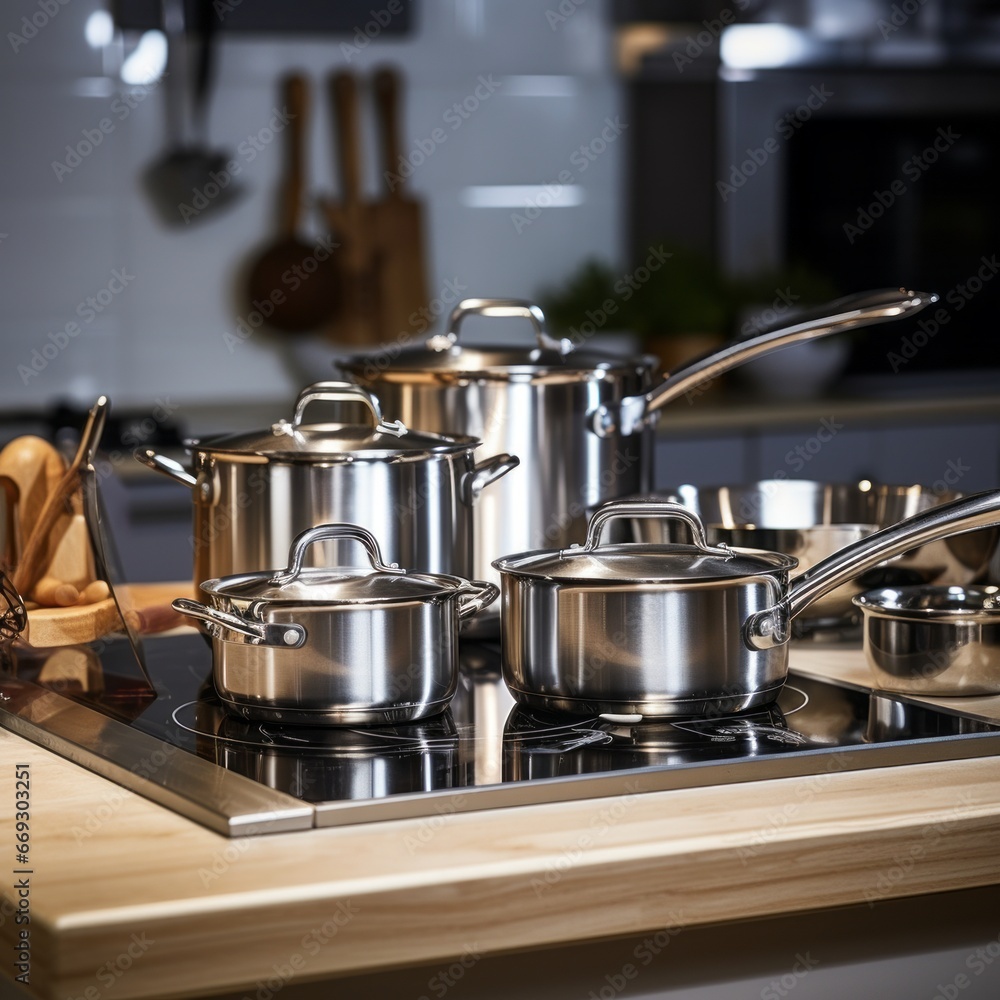 Stainless steel pots and pans on a kitchen counter. Stainless steel pots and pans on a kitchen counter.