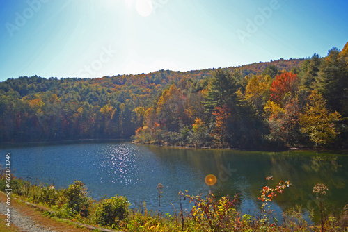 Photography autumn landscape with lake and mountains