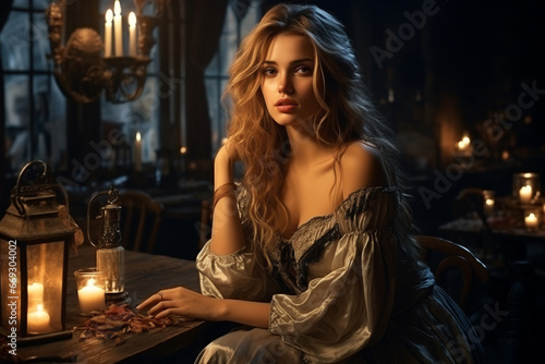 Tavern girl, girl waitress serving staff in medieval times, authentic setting design architecture, middle ages culture, portrait dim lights, bar, candles. © Alla