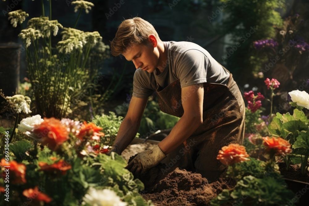 Young man gardening, planting flowers in the backyard