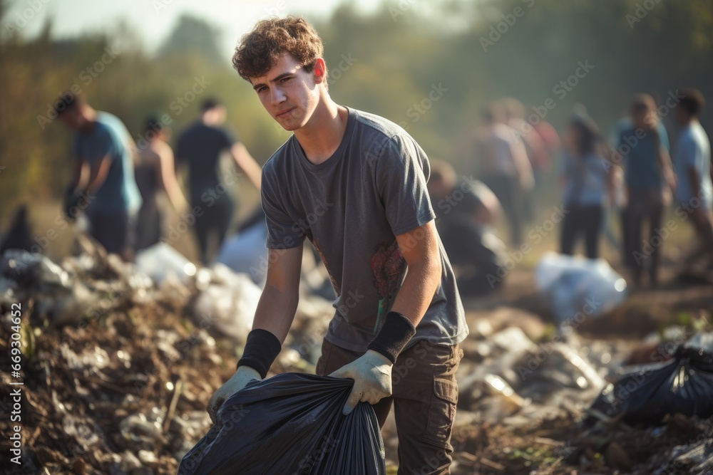 Young man participating in a community clean-up event Young man participating in a community clean-up event