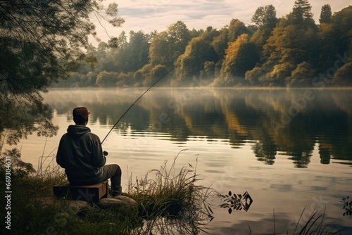 Young man enjoying a quiet moment fishing by a lake photo