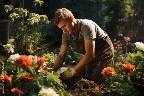 Young man gardening, planting flowers in the backyard © furyon