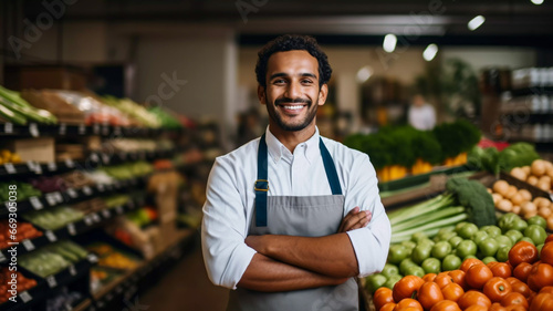 Portrait of an attractive smiling young man supermarket worker standing in a vegetable and fruit risle retailer selective focus © RCH Photographic