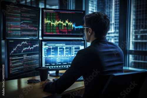 Businessman analyzing stock market data on a computer.