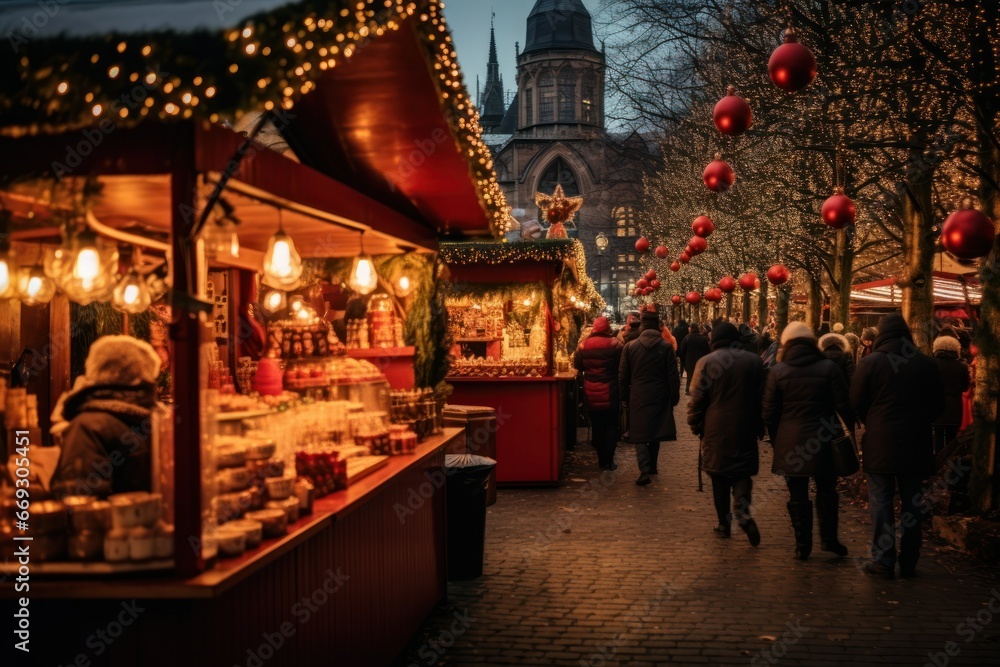 Christmas market with stalls selling ornaments and mulled wine.