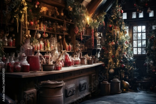 Christmas potions brewing in a witch's festive cabin.