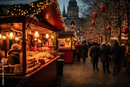 Christmas market with stalls selling ornaments and mulled wine.