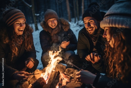 Friends toasting marshmallows over a campfire in the winter forest.