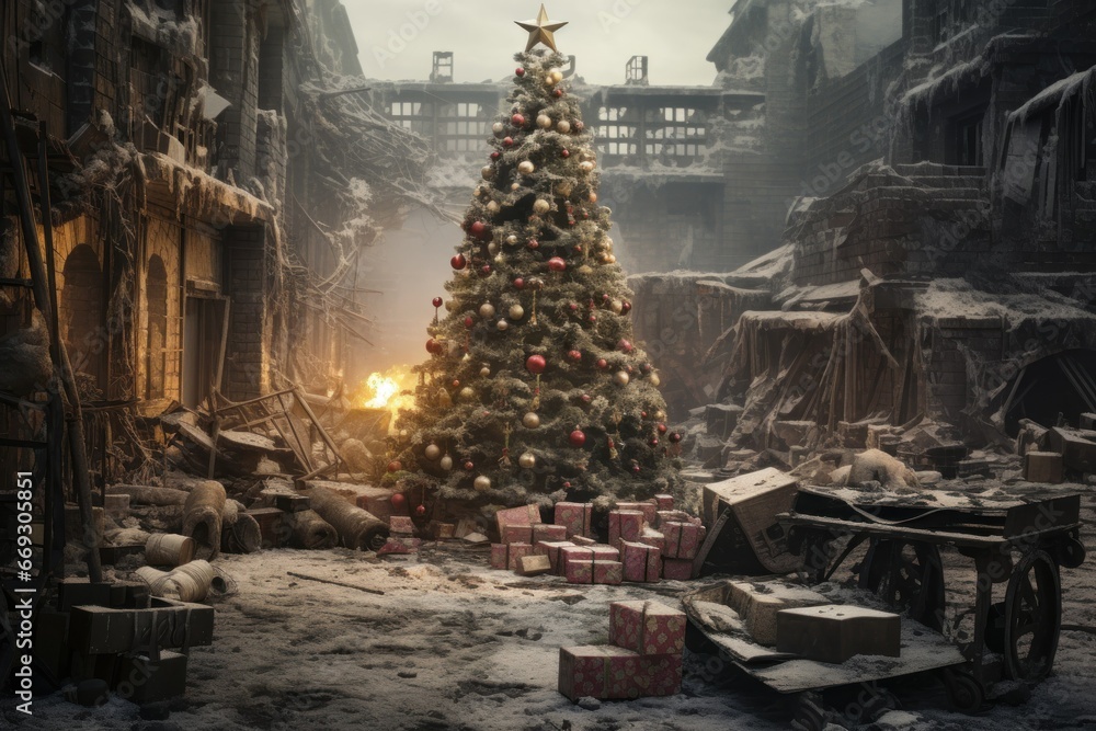 Post-apocalyptic Christmas celebrated amid ruins with hope.