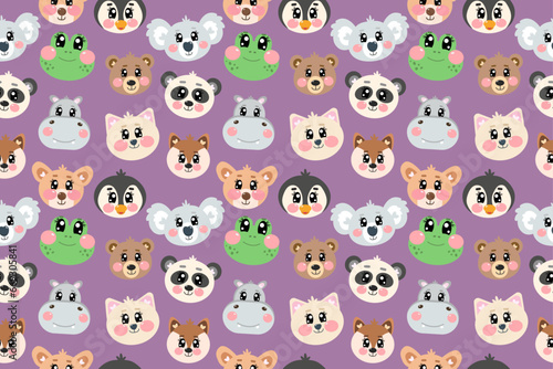 Seamless pattern with kawaii cute head, face animals for kids © Olga Voron