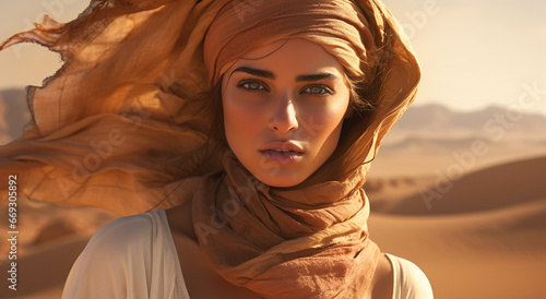 Princess of Persia  desert sands  young attractive girl in traditional in authentic clothing  piercing look . hijab