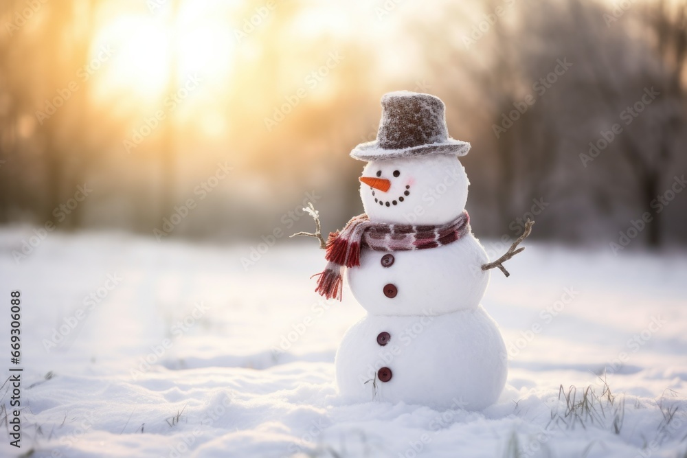 Whimsical snowman with a top hat and scarf in a snowy meadow.
