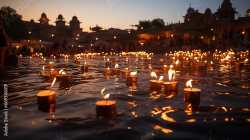 The serene waters of the Ganges River with of countless Diwali lamps floating downstream
