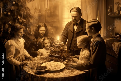 Vintage sepia photograph of a family gathered around a Christmas feast.