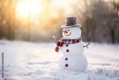 Whimsical snowman with a top hat and scarf in a snowy meadow. © Lucija