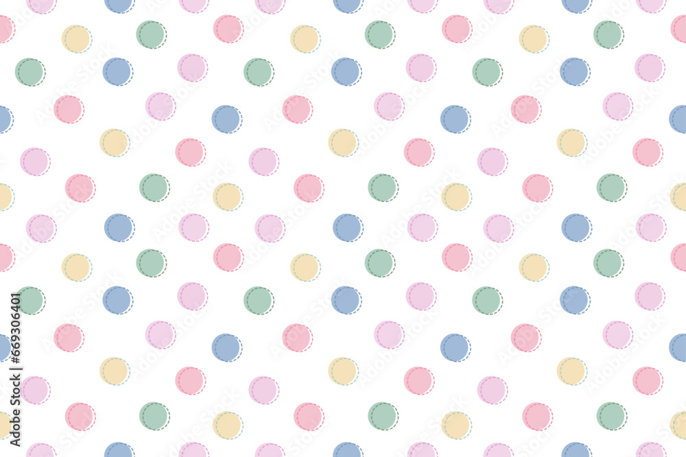 Seamless pattern with cute adorable pastel colors blue, pink, yellow, green polka dots for kids	