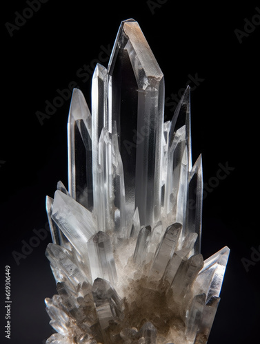 Clear quartz crystal druze on a black background. Close-up view 