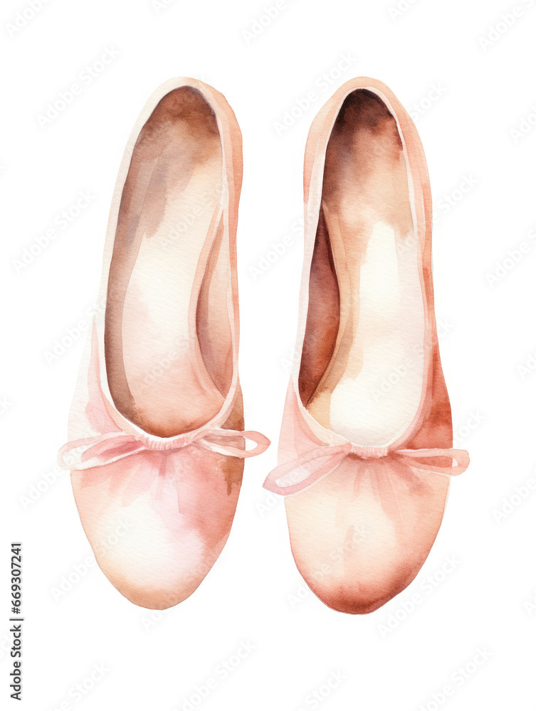 Pink ballet flat shoes isolated on white. Watercolor dance  themed illustration and clipart - obrazy, fototapety, plakaty 