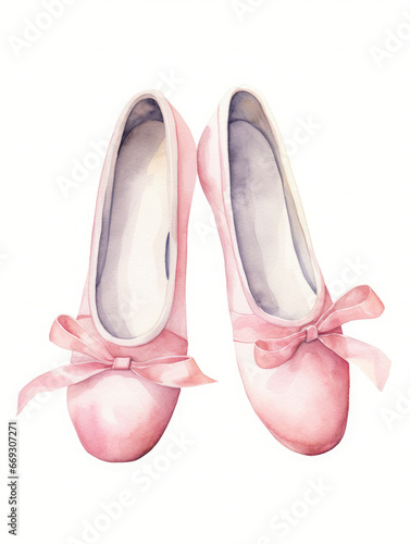 Pink ballet flat shoes isolated on white. Watercolor dance  themed illustration and clipart