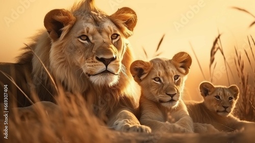 Lion and two lion cubs hanging out on the dry grass at savanna grassland in the evening, father and sons, protecting wildlife concept. generative ai