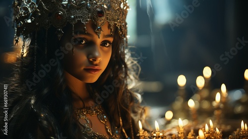 A young girl, dressed as the radiant Goddess 