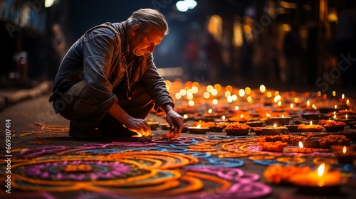 A street artist kneels down to create an intricate Rangoli design
