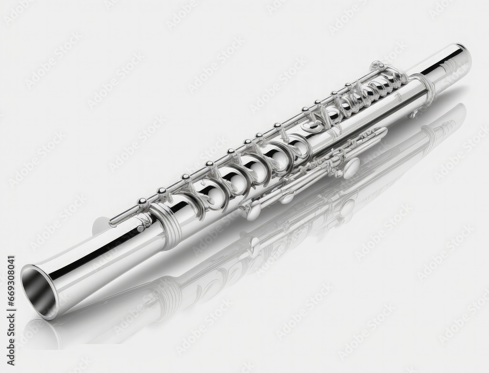 Fototapeta premium Silver flute isolated on a white background. Classic music instrument. 