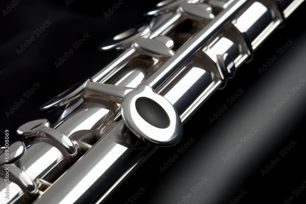 Naklejka premium Flute on a black background: detail of the keys.