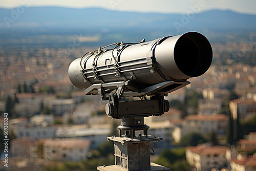 a city from the top of a building with a telescope on it's side and mountains in the background photo