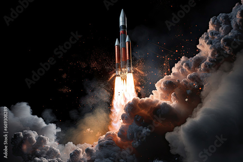 a rocket taking off into the sky with clouds and smoke in the image is taken from above, as if you can not see