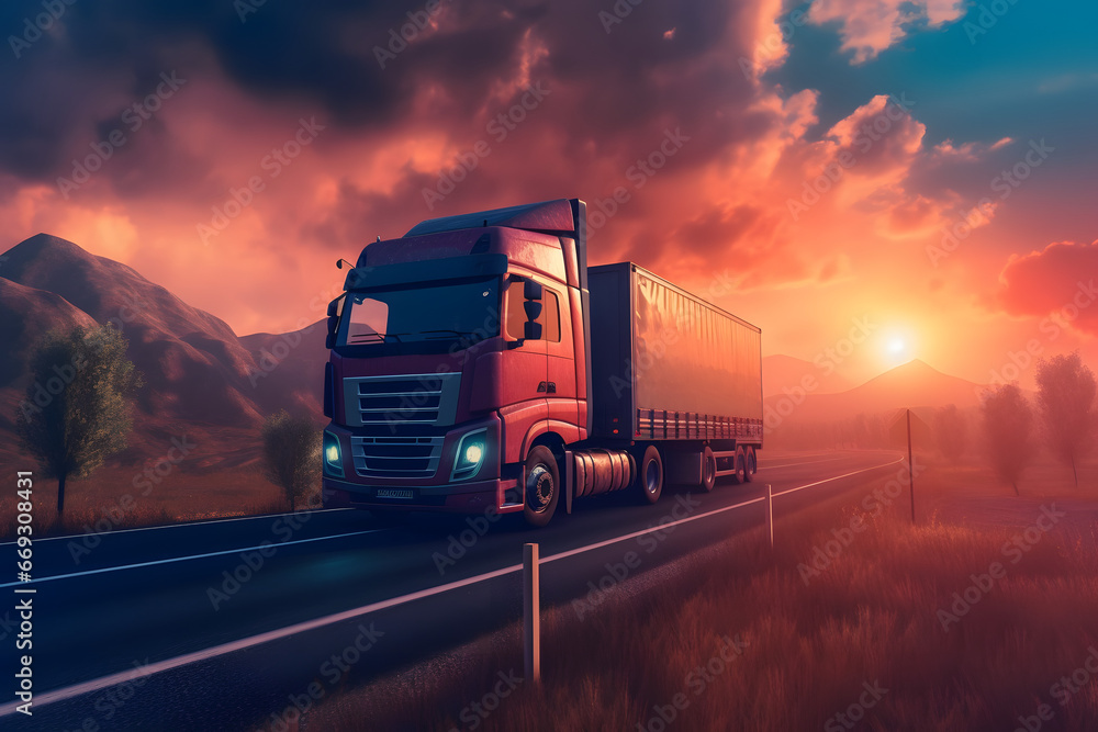 Truck transportation on the road sunshine landscape