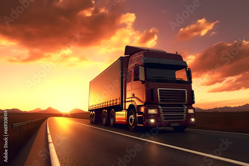 Truck transportation on the road sunshine landscape