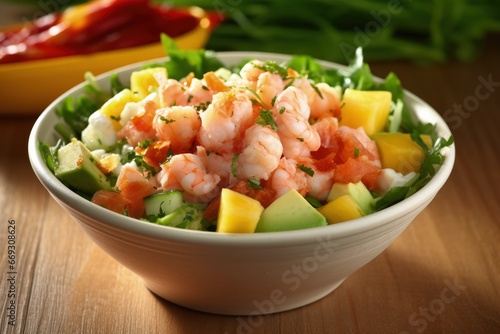 Tropical Poke Salad with Shrimp, Pieces of Juicy Pineapple and Lime