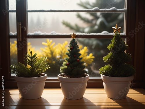 Três pinheirinhos de natal em um vaso de planta dentro de casa. Pequenos pinheiros. pequenas árvores natalinas em frente a janela com neve. photo