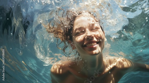Young happy woman swimming in the water photo