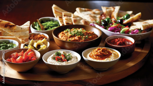 Vibrant Mezze Platter with Hummus, Baba Ganoush, Colorful Vegetables and Pita Bread
