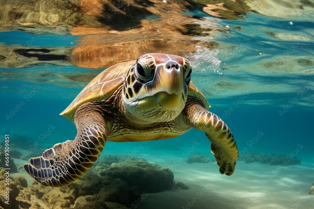 Fototapeta premium green sea turtle swimming near beautiful coral reef, under water sea turtles close up. Generative AI