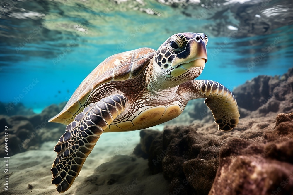 Obraz premium green sea turtle swimming near beautiful coral reef, under water sea turtles close up. Generative AI
