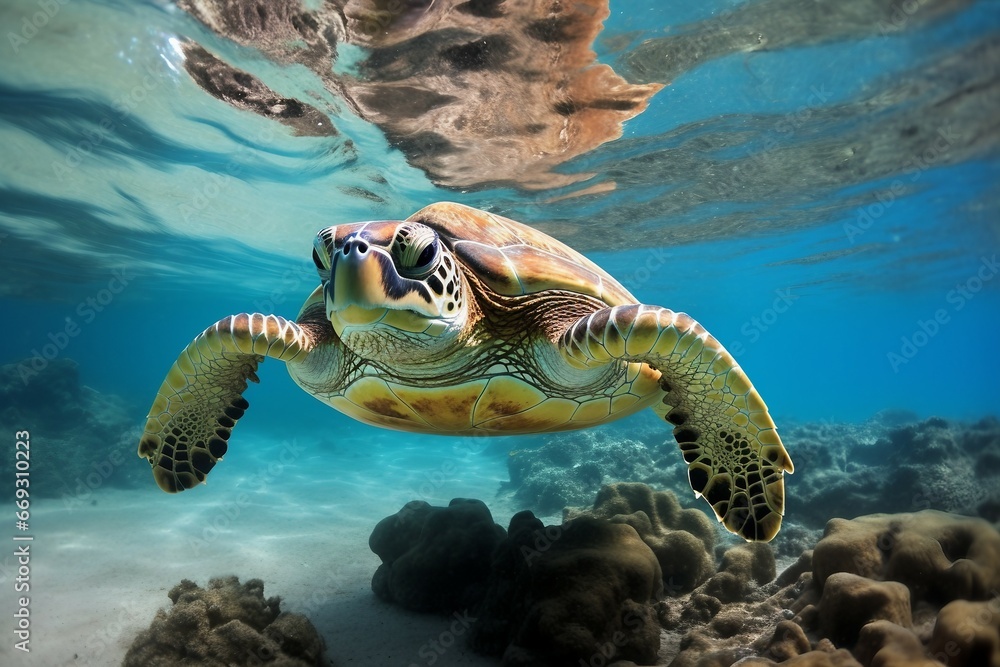 Obraz premium green sea turtle swimming near beautiful coral reef, under water sea turtles close up. Generative AI
