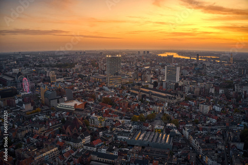 Aerial View of Antwerp, Belgium during an Autumn Sunset