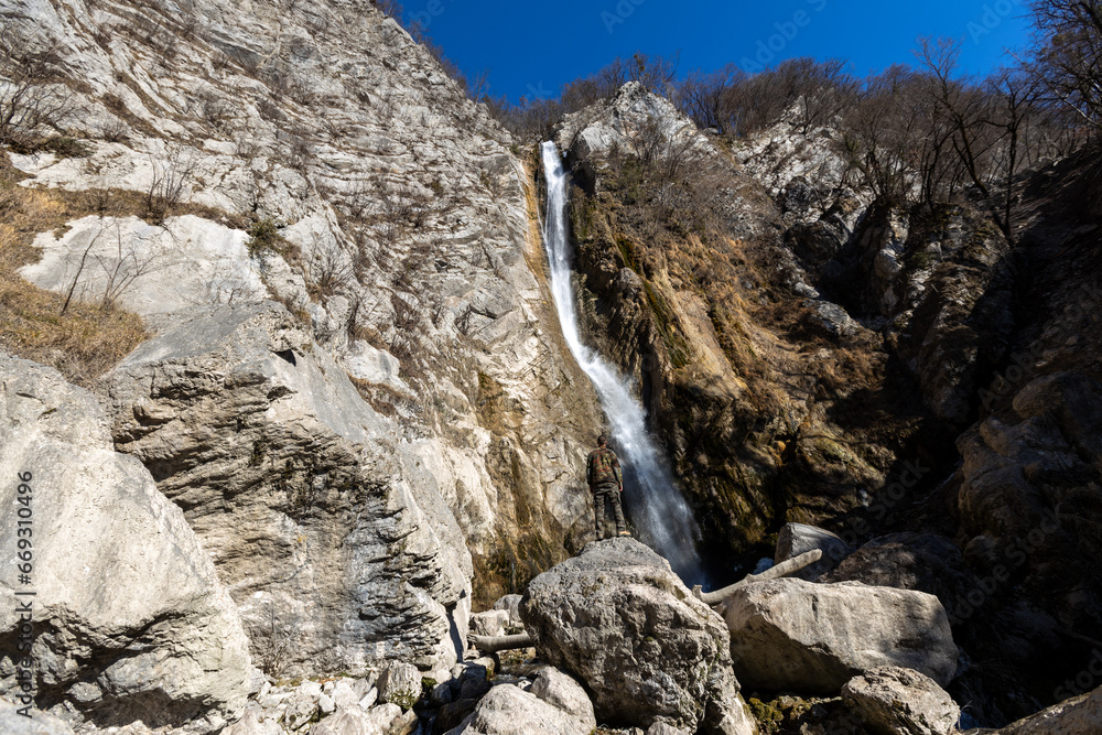 Gregorcicev Slap 100 meters high Waterfall in Alpine Environment under mount Krn in Julian Alps Slovenia Gregorcicev Slap 100 meters high Waterfall in Alpine Environment under mount Krn in Julian Alps Slovenia